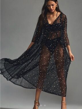 NWT Anthropologie Black Sheer Midi Dress with Metallic Dots
